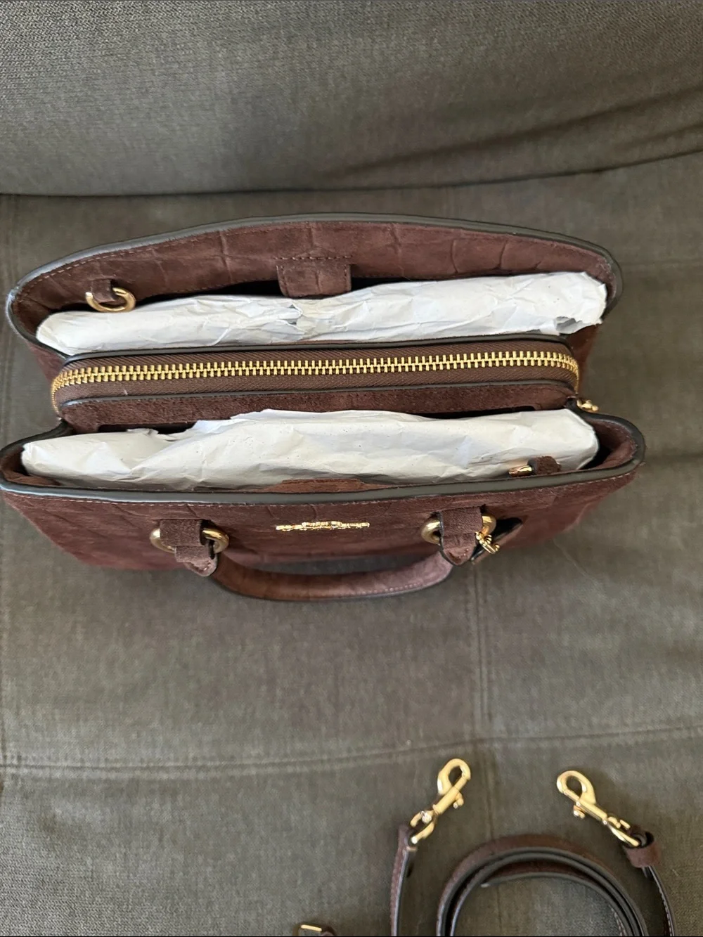 Coach Savannah Small Brown Suede Croc-Embossed Carryall with Gold Hardware